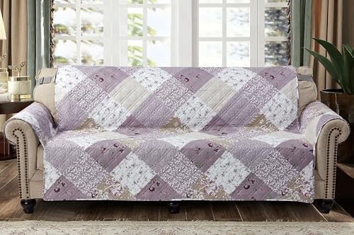 Brilliant Sunshine Lilac & Beige Roses Patchwork Couch Cover, 78" seat