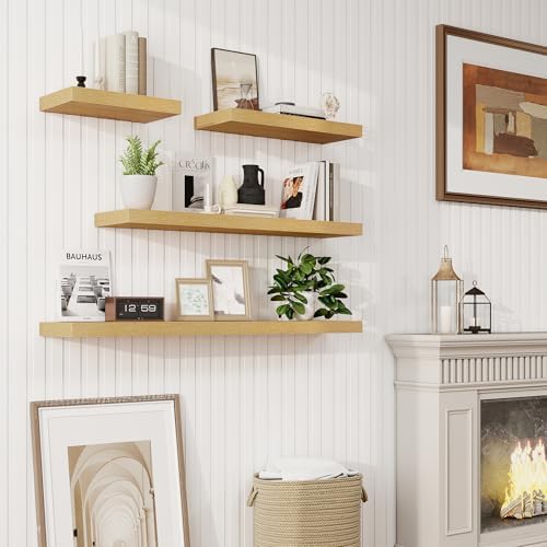 48in Floating Shelves for Wall, 48"W x 9.25"D x 1.25"H, 2 Pack Long Wall Mounted Engineered Wood Shelves with Invisible Brackets for Living Room, Bedroom, Bathroom, Kitchen Decor and Storage, Oak
