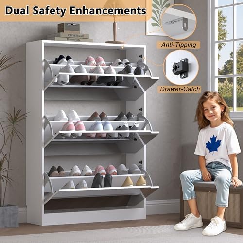 BORNOON Shoe Cabinet with 3-Flip Mirror Drawers, Freestanding Shoe Rack Organizer with Hidden Handle, Slim Narrow Shoe Storage Cabinet for Entryway, Entrance, Hallway, Bedroom