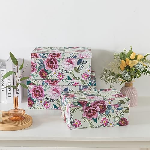 Soul & Lane - Floral Luxe Decorative Storage Boxes with Lids, Set of 3 | Large and Medium Nesting Cardboard Keepsake Boxes for Memories and Gifts, Pink Flower Containers for Home Decor