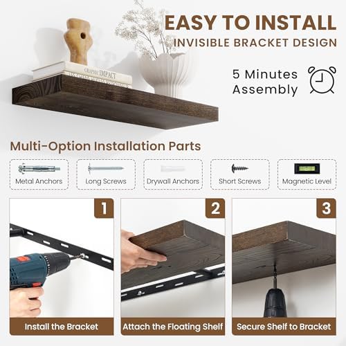 Acovy Extra Deep 55" Long Rustic Solid Wood Floating Shelves for Wall, Wall Shelves with Invisible Bracket for Living Room Bathroom Bedroom Kitchen, Set of 1, Walnut