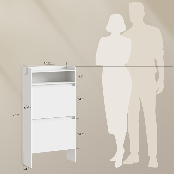 Slim Shoe Cabinet with 2 Flip Drawers & Open Storage, 23.6" W White