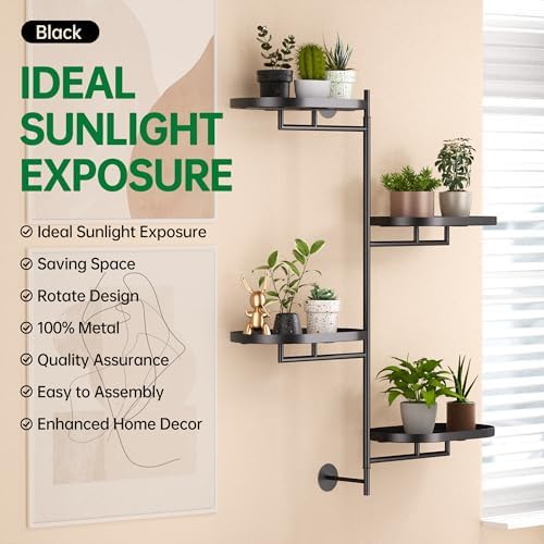 Rotating Window Shelves for Multiple Plants Indoor,4-tier Metal Corner Black Plant Stand Holder Floating Hanger Shelf for Wall，Windows Sill Gifts for Planter Lover to Enhance Home Decor