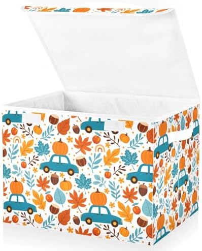 senya Thanksgiving Storage Baskets Collapsible Storage Bins with Lids, Thanksgiving Fall Maple Leaves Truck Pumpkins Storage Boxes Clothes Baskets for Organizing