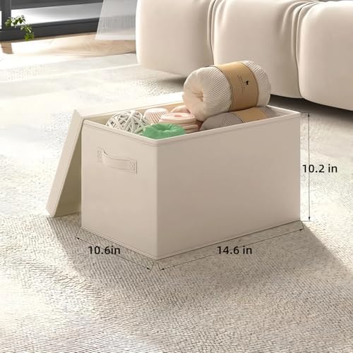 Fabric Storage Bins with Lids 14.6*10.6*10.2 in, 2-Pack Storage Baskets for Closet, Large Linen Organizers and Storage Bins for Bedroom, Collapsible Baskets and Bins with Handles, Off White