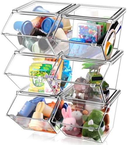 Yerliker 6 Pcs 4 Pcs Stackable Storage Bins with Lids Organizer, Clear