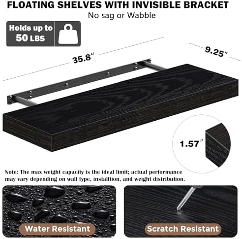 35.8"L Heavy Duty Solid Wood Core Floating Shelves, Black, Set of 2