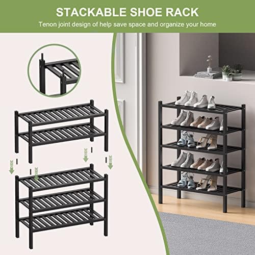 ROMGUAR CRAFT 2 Tier (Thick) Bamboo Shoe Rack for Closet Free Standing Wood Shoe Shelf for Entryway Small Space Stackable 27"x12"x14" (Black)