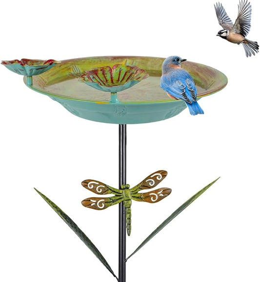 DREAMSOUL 39" Tall Teal Bird Bath Stake with Dragonfly Stake, 12" Dia Birdbath with Lotus Feeders, Metal Bird Bath for Outside for Garden Yard Patio