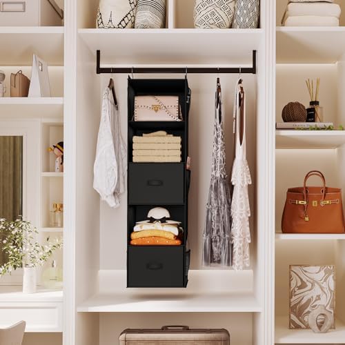 YOUDENOVA Hanging Closet Organizer, Hanging Shelves with Drawers, Black