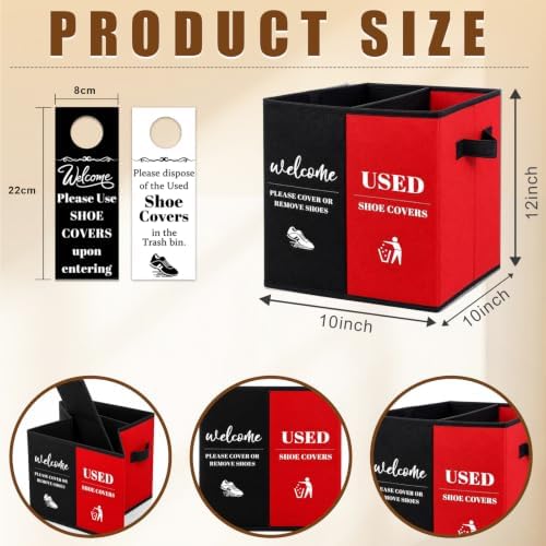 Shoe Cover Box with Door Hanging Sign – Foldable Double Compartment Storage Bin, Freestanding Dispenser Organizer for Home, Office, Entryway (Black Red)