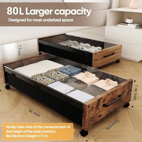 Under Bed Storage with Wheels, 2 Packs Wooden Storage Containers Extra Large Underbed Shoes Organizer, Rolling Under Bed Storage Drawers with Clear Lid, Heavy Duty for Clothes Toys 36"L (Vintage)