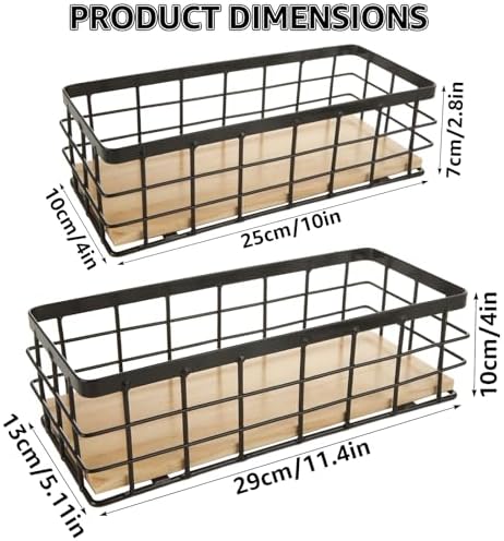 SENENQU 4 Pack Metal Wire Basket Detachable Wood Base Storage Organizer Farmhouse Bin for Kitchen Cabinets, Bathroom, Pantry, Laundry Room, Closets (Set of 4, Black)