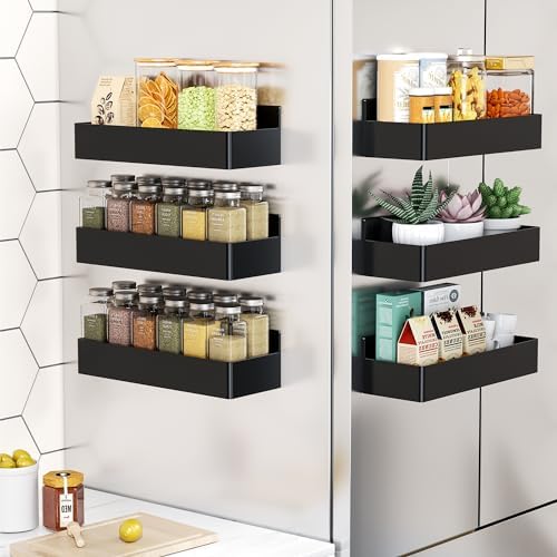 Mystozer Magnetic Spice Rack for Refrigerator, Kitchen Organizer and Storage Shelf, Black (6 Pack)…