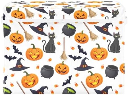 senya Halloween Storage Baskets Collapsible Storage Bins with Lids, Halloween Pumpkin Black Cat Ghost Bat Pattern Storage Boxes Clothes Baskets for Organizing