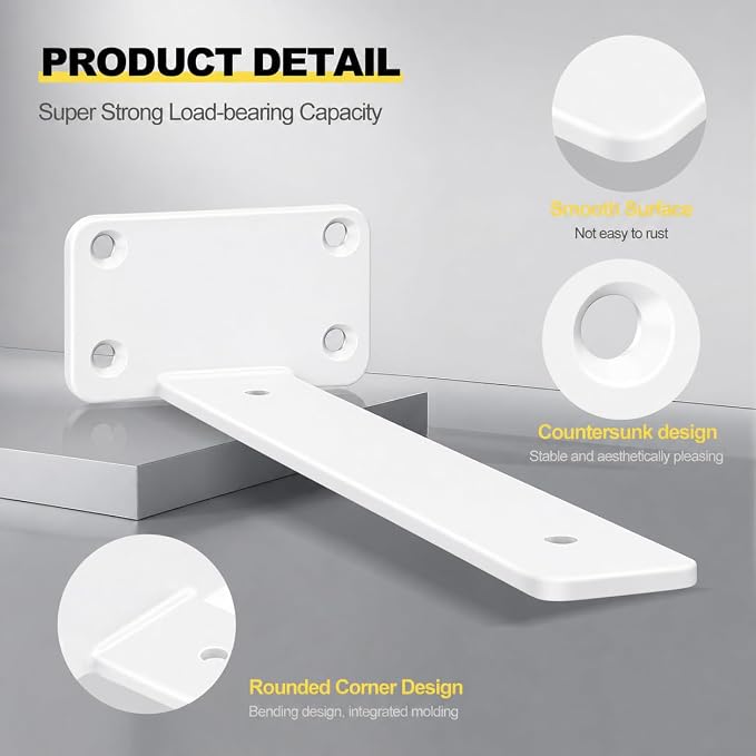 8 Pack - 8 inch White Hidden L Shelf Bracket (1/5 Inch Thicked) Iron Floating Shelf Brackets Rustic Industrial Metal Brackets for Shelf Support