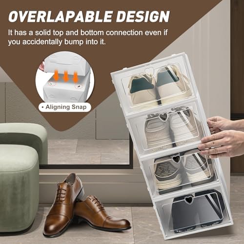 20 Pack Shoe Storage Boxes, Clear Plastic Stackable Shoe Organizer for Closet, Foldable Shoe Container with Heart Vent, Space Saving for Under Bed Entryway, Fits Shoes up to Size 10