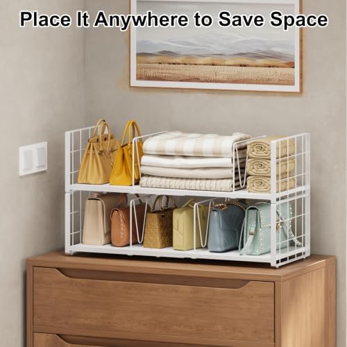 2-Pack Closet Organizers Stackable Clothing Storage Shelves, Expandable Clothes Shelf with Adjustable Divider Keeps Jeans Shirts Sweaters T-Shirts Tidy, for Bedroom RV Wardrobe System, White