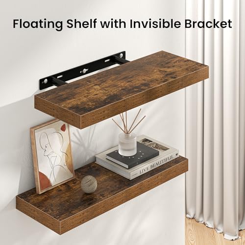 FLYJOE Floating Shelves for Wall, 48"W x 9.3"D x 1.5"H, Wooden Wall Mounted Display Shelf with Invisible Brackets for Living Room, Bedroom, Bathroom, Kitchen Decor and Storage, Set of 1, Rustic Brown