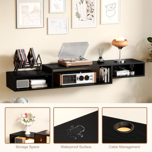 59 Inch Floating TV Stand, Wall Mounted Entertainment Center, Off Black