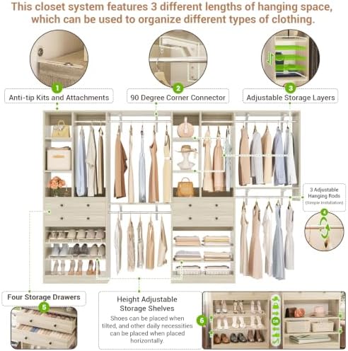 Besiost Closet System - 120"/10FT, 151.2"/12.6FT Closet System with Drawers, Built-in Closet Organizer System with Reversible Hanging Shelving and Hanging Rods, Greige Oak Set of 2