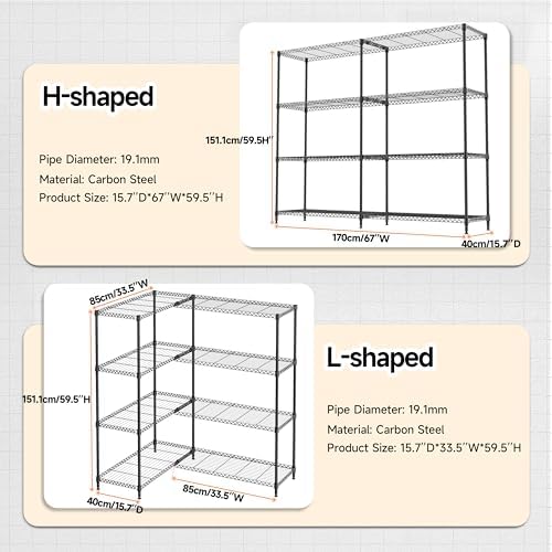 M MZG 4 Tiers Storage Shelves Load 1200LBS, Metal Shelving Wire Metal Shelving Unit Shelves for Storage Adjustable Garage Shelving for Pantry Kitchen Garage Black 15.8" D x 33.5" W x 59.5" H