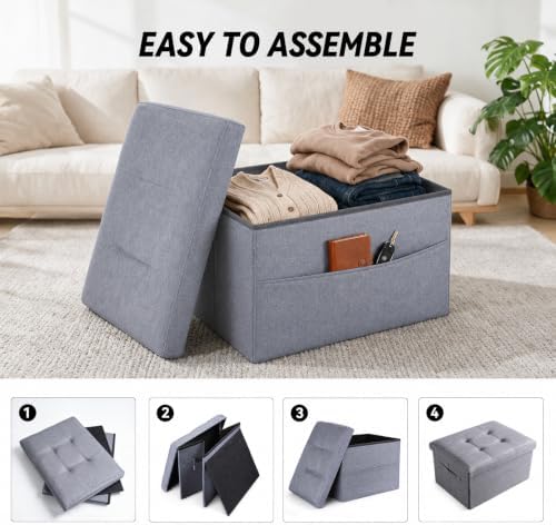 Ottoman with Storage, Folding Square Ottoman with Side Pocket, Foot Stool and Storage Chest for Living Room, Bedroom, Entryway, Dorm. 17x12.6x12.6in, Gray.