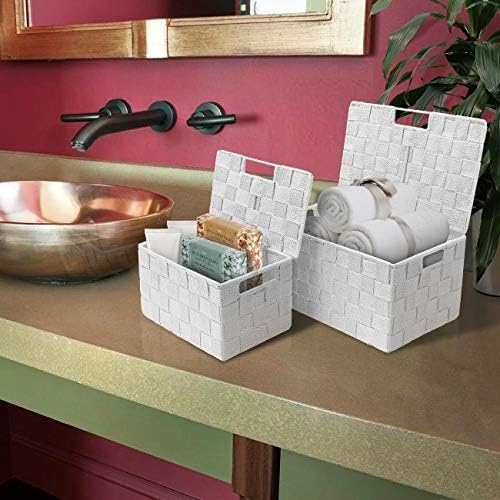 Sorbus Storage Basket with Lid, 3-Piece Woven Set for Shelves (White)