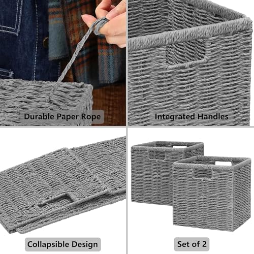 Vagusicc 9 inch Wicker Storage Cubes, Set of 2 Handwoven Wicker Baskets for Storage, Square Cube Organizer Bins, Foldable Paper Rope Storage Baskets for Organizing, Grey