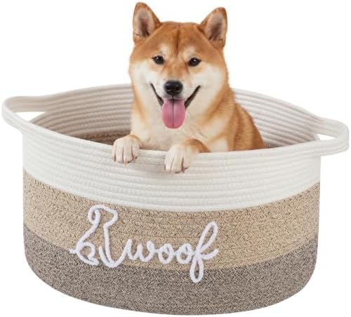 OIAHOMY 30L Large Dog Toy Basket, 17.8"×13"×10" Cotton Rope Basket with Cute Woof Embroidery, Soft Woven Pet Toy Box with Handles for Blankets, Leashes & Puppy Accessories, Decorative Organizer Brown