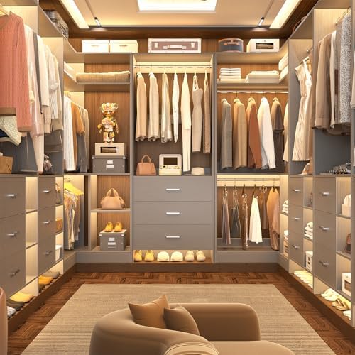 Aheaplus Closet System with Drawer，Hanging Rods， U-Shaped，Set of 3， Grey