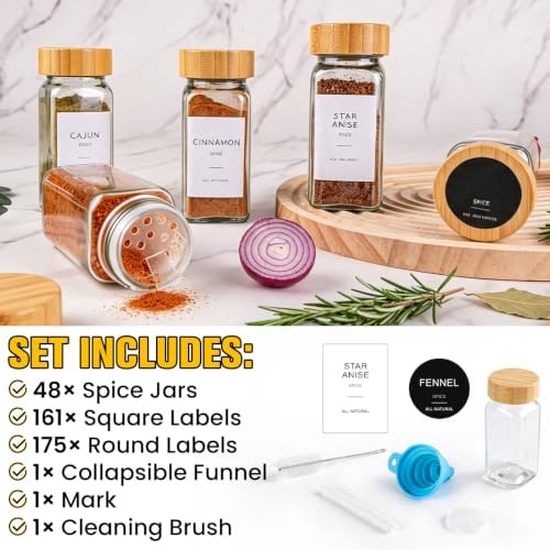 48PCS Spice Jars with Label, 4oz Glass Seasoning Containers with Bamboo Lid