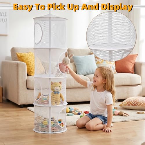 Hanging Stuffed Animal Storage Hammock Net 4 Tiers, White