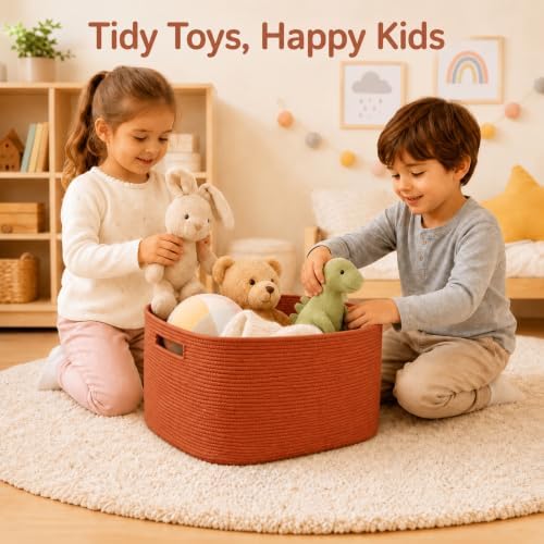 15.4GAL Rope Laundry Basket for Dorm, Cute Boho Square Woven Basket for Living Room Throws Pillow Blanket Storage, Short Dirty Clothes Hamper for Baby Girls Boys Toys Stuffed Animal Towel Terracotta