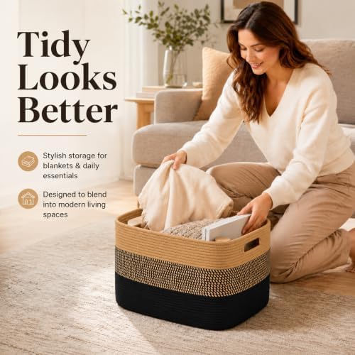22.8GAL Extra Large Collapsible Laundry Basket for Dirty Clothes,Shoes, Sturdy Portable Aesthetic Boho Heavy Duty Wicker Hamper for Living Room Thow Pillows Blankets Storage Organizer,Khaki Black