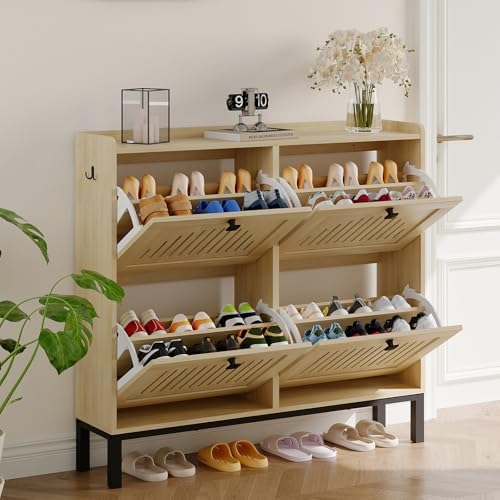 IDEALHOUSE Narrow Shoe Cabinet with 4 Flip Drawers, Natural Oak