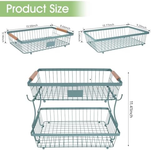 Fruit Basket Bowl 2 Tier Detachable with 2 Banana Hangers, Fruit Stand Holder for Kitchen Countertop, Metal Wire Vegetable Storage Organizer, for Bread Snack Veggies Produce, blue