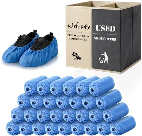 200 Pack Disposable Shoe Covers with 2-in-1 Storage Box, Waterproof Non Slip & Please Remove Your Shoes Door Hanger Sign, 2 Compartments for New/Used Covers for Guests Indoor (Beige Gray)
