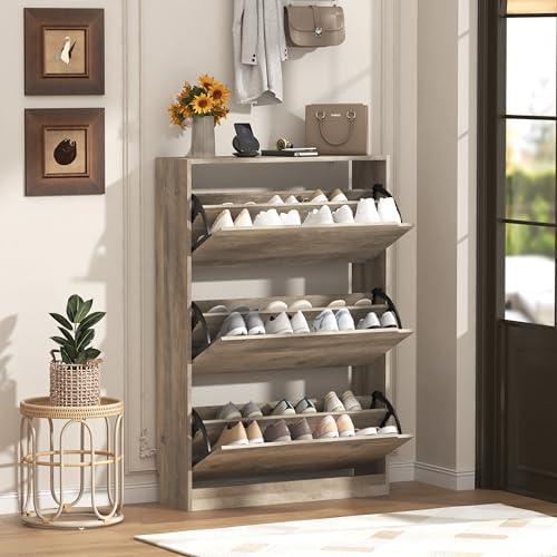 Wodeer Narrow Shoe Cabinet for Entryway, Slim Shoe Storage Cabinet with 3 Flip Drawers, Hidden Wood Shoe Cabinet Storage, Freestanding Shoe Rack Organizer Foyer, Hallway, Grey