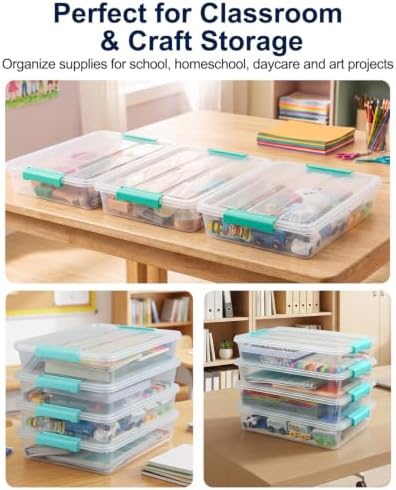 EOENVIVS 6 Pack Craft Storage Bins with Lids, Clear File Boxes, Green Clips