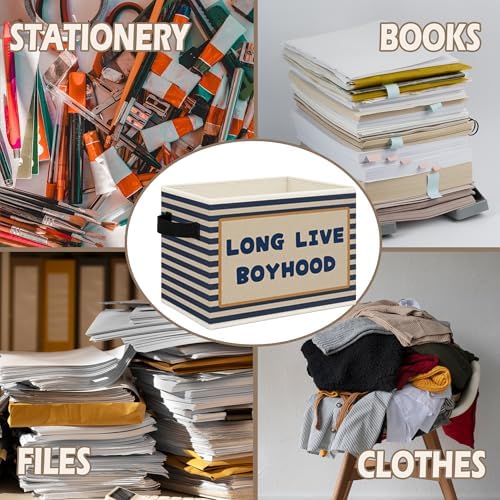 Long Live Boyhood Boys Foldable Storage Bins Box with Handles, Retro Blue Striped Collapsible Toys Books Clothes Organizer Basket for Kids Boy Nursery Room Bedroom Bathroom Playroom