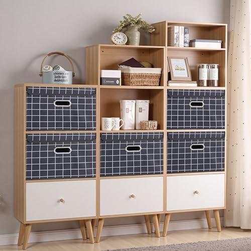 STOREONE Fabric Storage Cube Bins Foldable Organizer Container Collapsible Basket with Lids and Metal Handles, for Home, Bedroom, Closet 3 Pcs (Black grid)