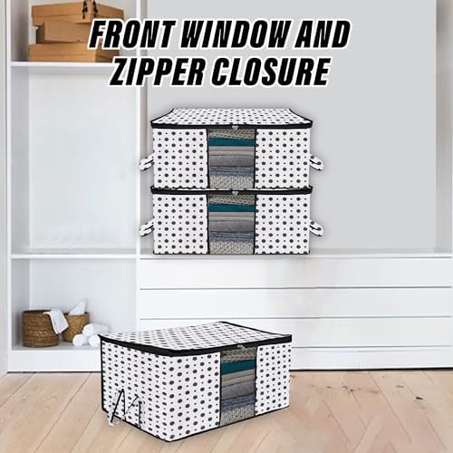 Kuber Industries Underbed Storage Bag | Dot-Design Blanket Cover with Clear Window | Zipper Closure & Handle Cloth Organizer | Large | Pack of 4 | Black