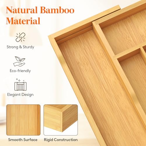 Lifewit Silverware Drawer Organizer, Wooden Utensil Tray for Kitchen | Expandable Flatware and Cutlery Holder, Adjustable Storage for Spoons Forks Knives, 13-22x15", Natural