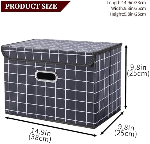 STOREONE Fabric Storage Cube Bins Foldable Organizer Container Collapsible Basket with Lids and Metal Handles, for Home, Bedroom, Closet 3 Pcs (Black grid)