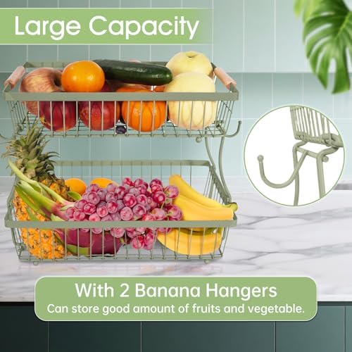 Fruit Basket Bowl 2 Tier Detachable with 2 Banana Hangers, Fruit Stand Holder for Kitchen Countertop, Metal Wire Vegetable Storage Organizer, for Bread Snack Veggies Produce,green