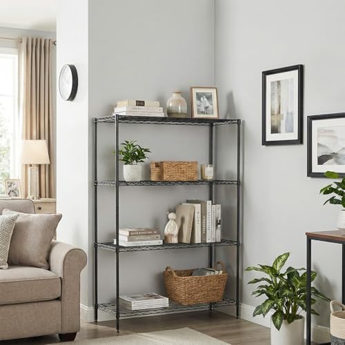 BestOffice 4-Tier Wire Shelving Unit, 1000 LBS Heavy Duty Metal Storage Shelves, Adjustable Wire Shelf for Garage, Kitchen, Pantry, Utility Shelving Rack with Leveling Feet, Black
