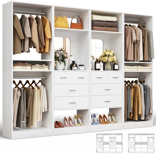 Unikito 100” Closet System with Drawers, 8.3FT Wood Closet Organizer with Hanging Rods and Mirror Design, Reversible Large Walk in Wardrobe Garment Rack with Shelves, Sturdy Closet Tower, White