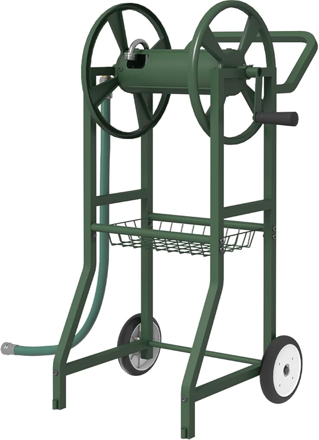 Artigarden Garden Hose Reel Cart with Wheels, Outdoor Heavy Duty Powder Coated Steel Water Winder Storage Holds 125 ft 5/8" Hose with 3.9ft Leader Hose and Basket for Backyard, Yard, Lawn, Green
