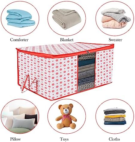 Kuber Industries Non-Woven Underbed Storage Bag|Clothes Storage Organizer|Blanket Cover With Clear Window|Zipper Closure&Handle Cloth Organizer|Dot-Design|Large|Pack Of 2|Red,32 Cm,48Cm
